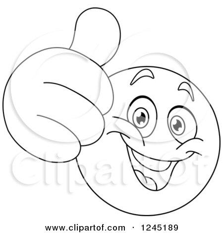 Clipart of a Black and White Emoticon Holding a Thumb up - Royalty Free Vector Illustration by yayayoyo