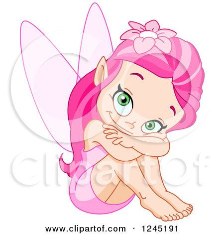 Clipart of a Happy Pink Female Fairy Hugging Her Knees - Royalty Free Vector Illustration by yayayoyo