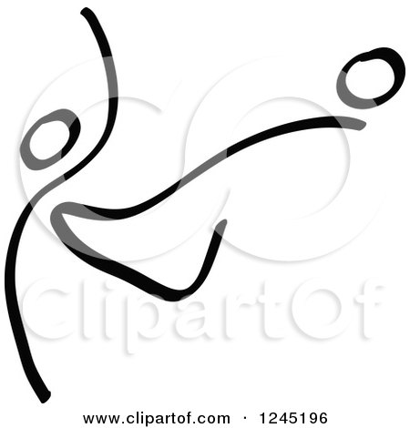 Clipart of a Black Stick Man Kicking a Soccer Ball 2 - Royalty Free Vector Illustration by Zooco