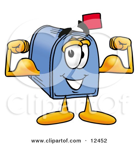 Clipart Picture of a Blue Postal Mailbox Cartoon Character Flexing His Arm Muscles by Mascot Junction