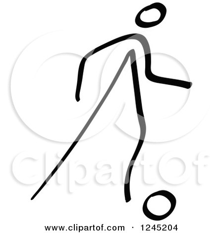 Clipart of a Black Stick Man Steering a Soccer Ball - Royalty Free Vector Illustration by Zooco