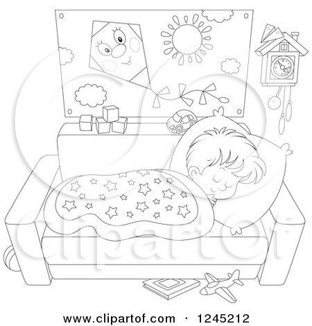 Clipart of a Black and White Boy Napping on a Couch - Royalty Free Vector Illustration by Alex Bannykh