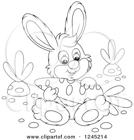 Clipart of a Black and White Happy Bunny Rabbit Sitting with a Carrot in a Garden - Royalty Free Vector Illustration by Alex Bannykh