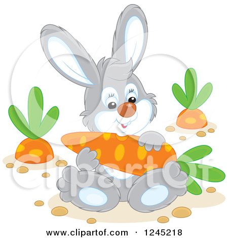 Clipart of a Happy Gray Rabbit Sitting with a Carrot in a Garden - Royalty Free Vector Illustration by Alex Bannykh