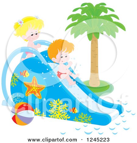 Clipart of Happy Caucasian Children Playing on a Water Slide - Royalty Free Vector Illustration by Alex Bannykh
