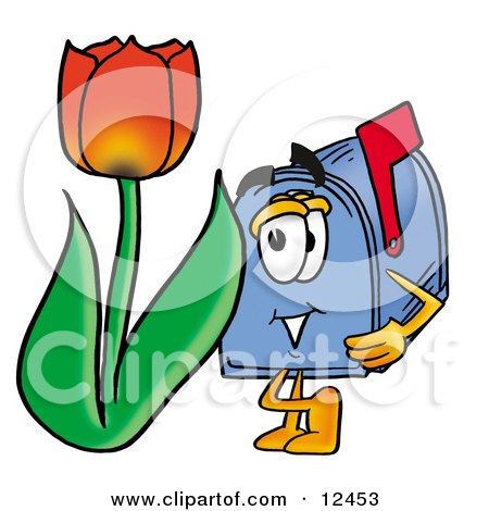 Clipart Picture of a Blue Postal Mailbox Cartoon Character With a Red Tulip Flower in the Spring by Mascot Junction