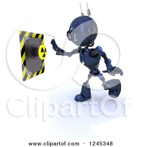 Clipart of a 3d Blue Android Robot Pushing a Radioactive Button - Royalty Free Illustration by KJ Pargeter
