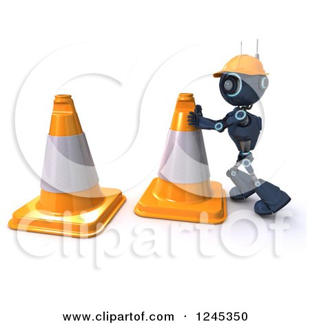 Clipart of a 3d Blue Road Construction Worker Android Robot with Cones - Royalty Free Illustration by KJ Pargeter