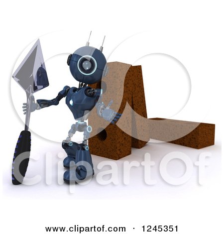 Clipart of a 3d Blue Android Robot Mason Worker with Giant Bricks and a Trowel - Royalty Free Illustration by KJ Pargeter