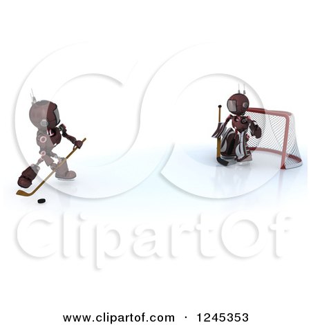 Clipart of 3d Red Android Robots Playing Hockey - Royalty Free Illustration by KJ Pargeter