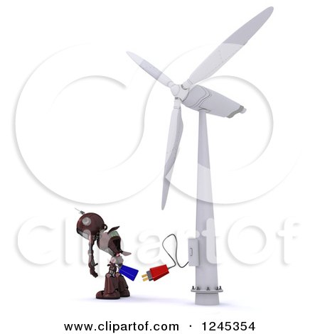 Clipart of a 3d Red Robot and Plug at a Wind Turbine - Royalty Free Illustration by KJ Pargeter