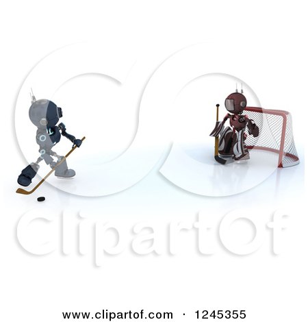 Clipart of 3d Red and Blue Android Robots Playing Hockey 4 - Royalty Free Illustration by KJ Pargeter