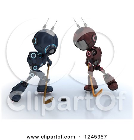 Clipart of 3d Red and Blue Android Robots Playing Hockey 5 - Royalty Free Illustration by KJ Pargeter