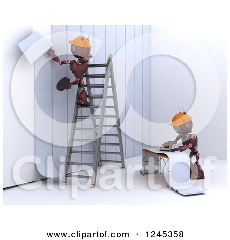 Clipart of 3d Red Construction Android Robots Applying Wallpaper - Royalty Free Illustration by KJ Pargeter