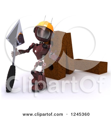 Clipart of a 3d Red Android Robot Mason Worker with Giant Bricks and a Trowel - Royalty Free Illustration by KJ Pargeter