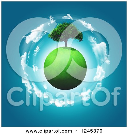 Clipart of a 3d Mature Tree on a Grassy Clobe with a Circle of Clouds - Royalty Free Illustration by KJ Pargeter