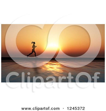 Clipart of a 3d Silhouetted Woman Jogging Against an Ocean Sunset - Royalty Free Illustration by KJ Pargeter