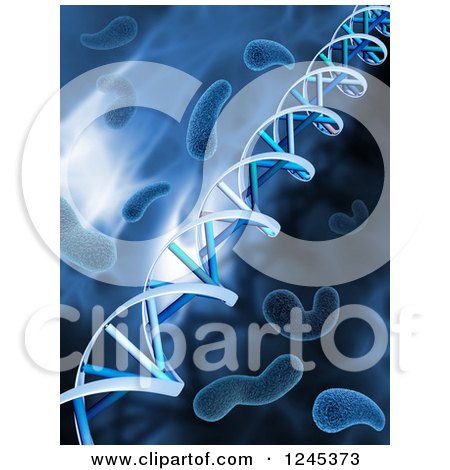 Clipart of a Background of 3d Dna Strands and Viruses in Blue - Royalty Free Illustration by KJ Pargeter