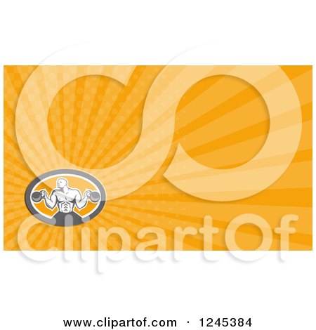 Clipart of an Orange Ray Bodybuilder and Kettlebell Background or Business Card Design - Royalty Free Illustration by patrimonio
