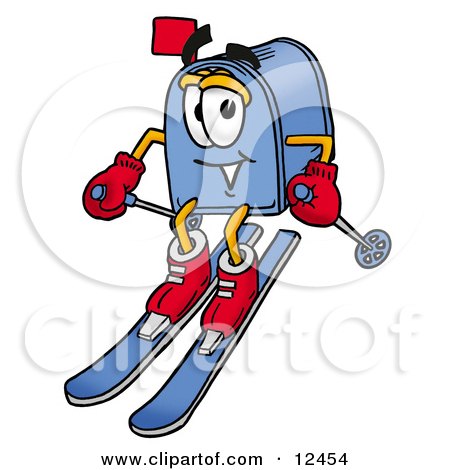 Clipart Picture of a Blue Postal Mailbox Cartoon Character Skiing Downhill by Mascot Junction