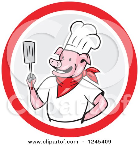 Clipart of a Chef Pig Holding a Spatula in a Circle - Royalty Free Vector Illustration by patrimonio