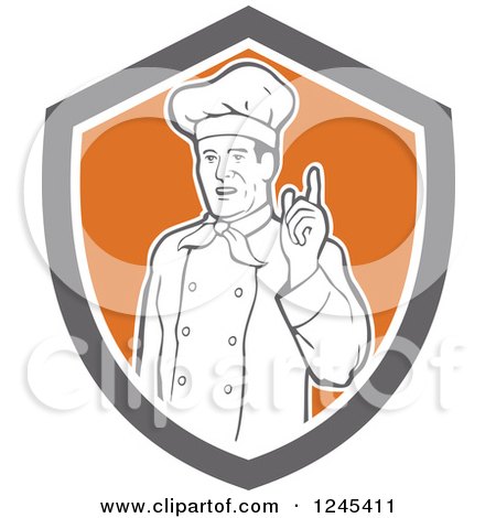 Clipart of a Retro Male Chef Holding up a Finger in a Shield - Royalty Free Vector Illustration by patrimonio