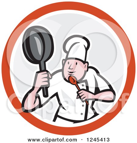 Clipart of a Cartoon Male Chef in a Kung Fu Fighting Stance Inside a Circle - Royalty Free Vector Illustration by patrimonio