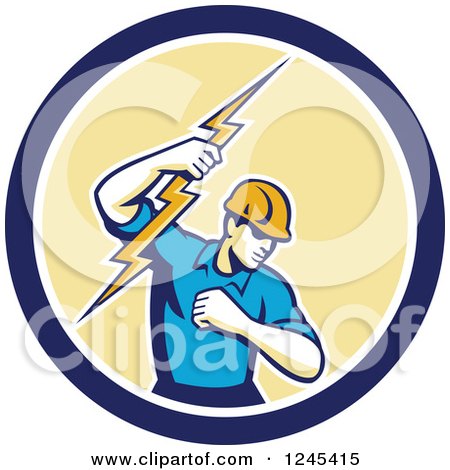 Clipart of a Retro Male Electrician Holding up a Bolt in a Blue and Yellow Circle - Royalty Free Vector Illustration by patrimonio