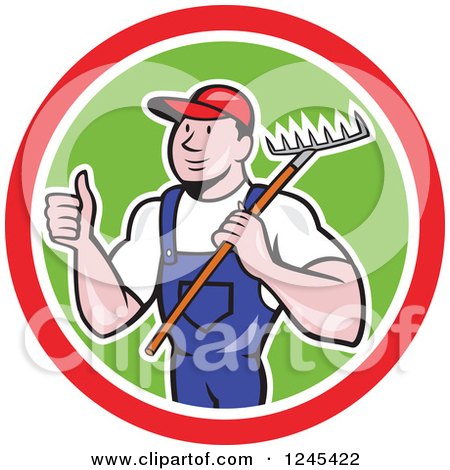Clipart of a Cartoon Male Gardener Holding a Thumb up and Rake in a Circle - Royalty Free Vector Illustration by patrimonio