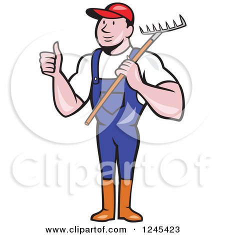 Clipart of a Cartoon Male Gardener Holding a Thumb up and Rake - Royalty Free Vector Illustration by patrimonio