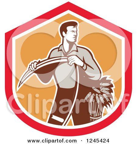 Clipart of a Retro Male Wheat Farmer Holding a Scythe in a Red and Orange Shield - Royalty Free Vector Illustration by patrimonio
