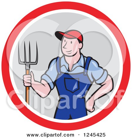 Clipart of a Cartoon Male Farmer Standing with a Pitchfork in a Circle - Royalty Free Vector Illustration by patrimonio