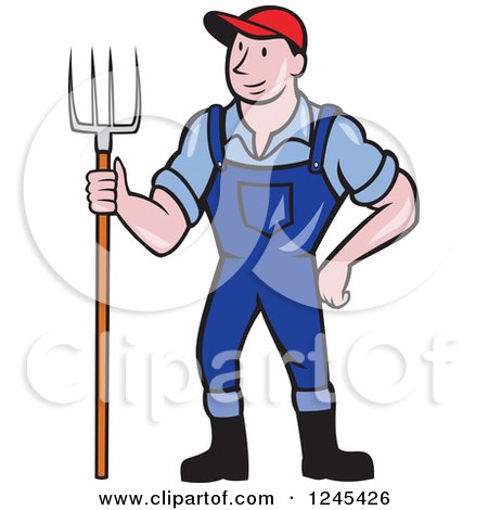 Clipart of a Cartoon Male Farmer Standing with a Pitchfork - Royalty Free Vector Illustration by patrimonio