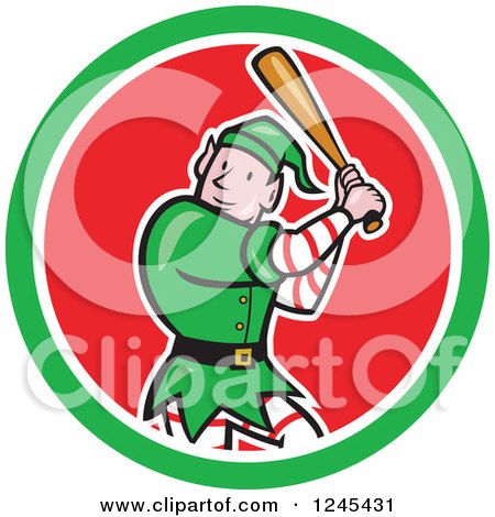 Clipart of a Baseball Elf Batting in a Circle - Royalty Free Vector Illustration by patrimonio