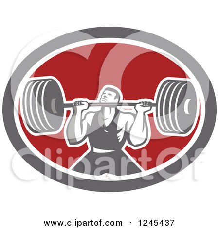 Clipart of a Retro Bodybuilder Doing Squats with Dumbbells in an Oval - Royalty Free Vector Illustration by patrimonio