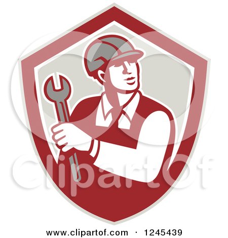 Clipart of a Retro Male Worker Holding a Spanner Wrench in a Shield - Royalty Free Vector Illustration by patrimonio