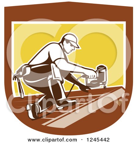 Clipart of a Retro Male Roofer Using a Nail Gun in a Shield - Royalty Free Vector Illustration by patrimonio