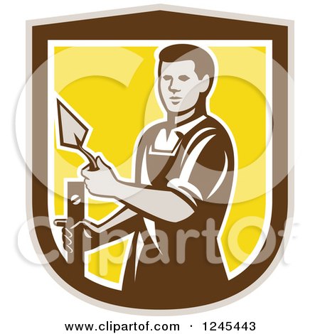 Clipart of a Retro Male Plasterer Worker in a Shield - Royalty Free Vector Illustration by patrimonio