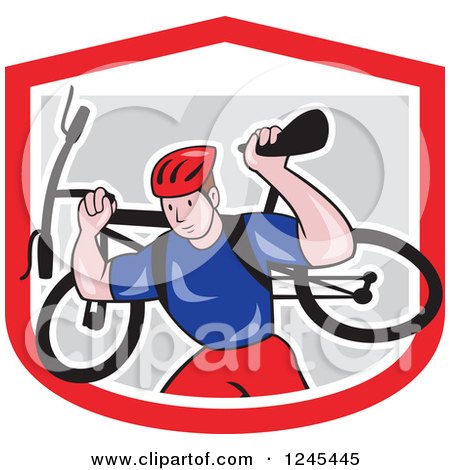 Clipart of a Cartoon Male Cyclist Repair Man Holding up a Bike in a Shield - Royalty Free Vector Illustration by patrimonio