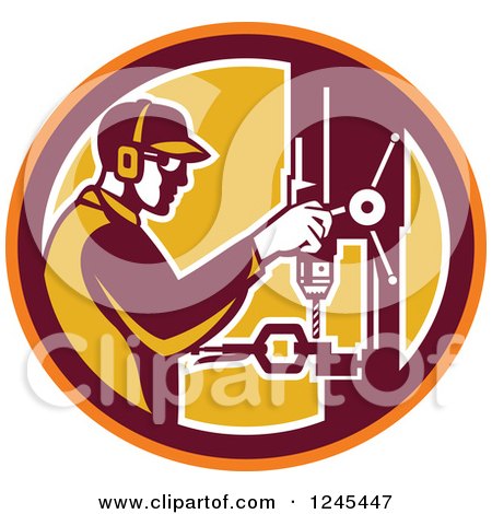 Clipart of a Retro Male Worker Operating a Drill Press in a Circle - Royalty Free Vector Illustration by patrimonio