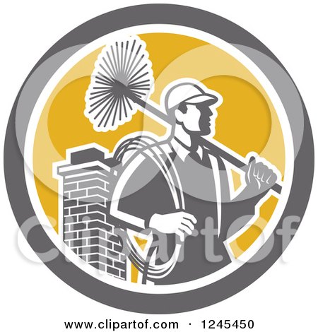 Clipart of a Retro Male Chimney Sweep and Brick Chimney in a Circle - Royalty Free Vector Illustration by patrimonio