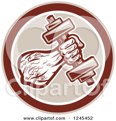 Clipart of a Retro Male Bodybuilder's Arm with a Dumbbell in a Circle - Royalty Free Vector Illustration by patrimonio