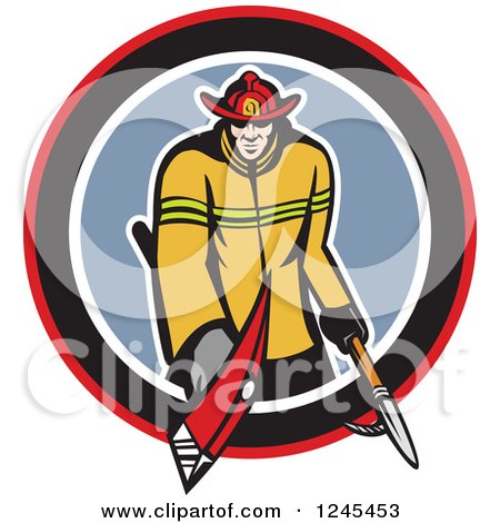 Clipart of a Retro Male Fireman with an Axe and Hook in a Circle - Royalty Free Vector Illustration by patrimonio