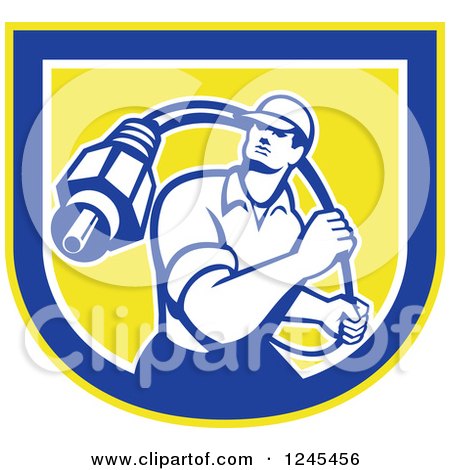 Clipart of a Retro Male Cable Guy with a Coaxial Cable in a Shield - Royalty Free Vector Illustration by patrimonio