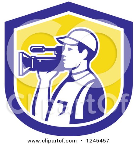 Clipart of a Retro Camera Man in a Yellow and Blue Shield - Royalty Free Vector Illustration by patrimonio