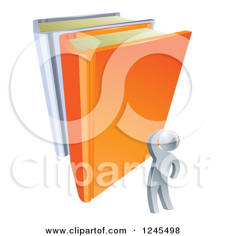 Clipart of a 3d Silver Man Looking up at Giant Books - Royalty Free Vector Illustration by AtStockIllustration