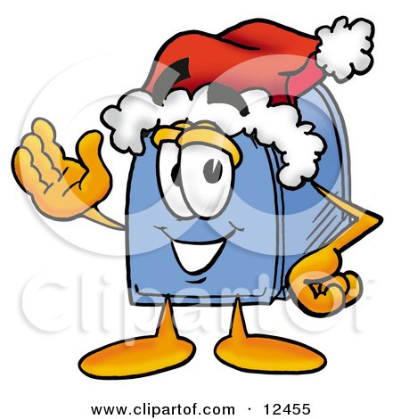 Clipart Picture of a Blue Postal Mailbox Cartoon Character Wearing a Santa Hat and Waving by Mascot Junction