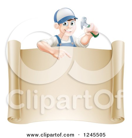Clipart of a Happy Brunette Worker Man Holding a Hammer and Pointing down at a Scroll Sign - Royalty Free Vector Illustration by AtStockIllustration