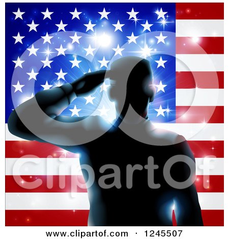 Clipart of a Silhouetted Male Military Veteran Saluting over an American Flag and Bursts - Royalty Free Vector Illustration by AtStockIllustration