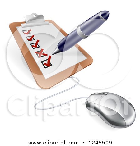 Clipart of a 3d Computer Mouse Connected to a Survey Clipboard - Royalty Free Vector Illustration by AtStockIllustration